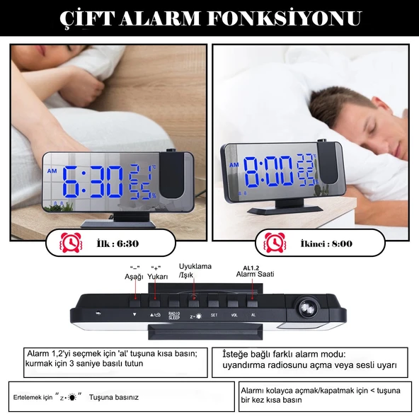DailyTech Çok Fonksiyonlu Masaüstü Saat (FM Radio Alarm Projeksiyon Sıcaklık Alarm) - 6
