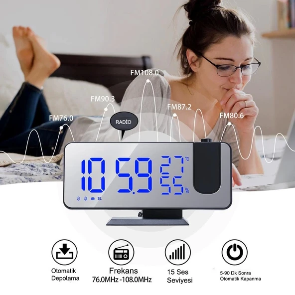 DailyTech Çok Fonksiyonlu Masaüstü Saat (FM Radio Alarm Projeksiyon Sıcaklık Alarm) - 4