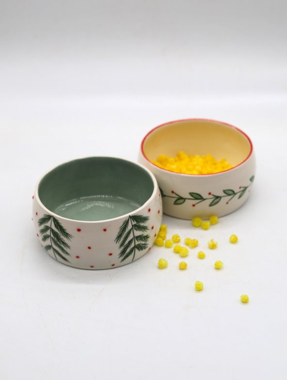 Tardan SUNFLOWER El Yapımı Seramik KASE 10 cm  - YEŞİL BEYAZ 2Li Set