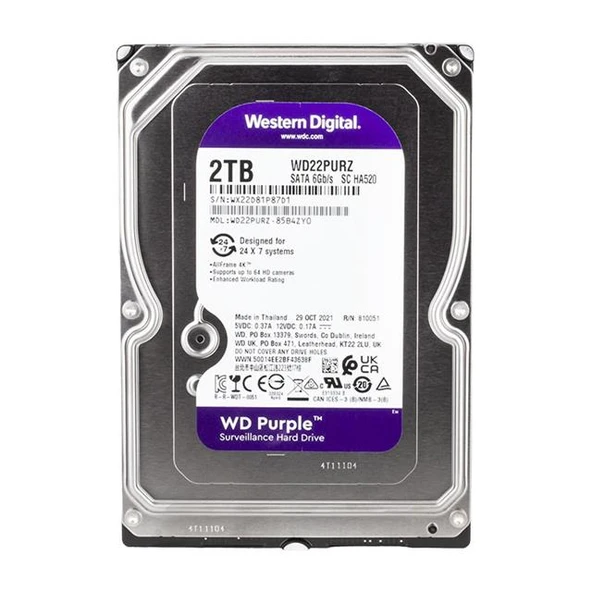 Western Digital Purple WD22PURZ 2 TB Sata 6GB/S 7-24 Güvenlik Harddisk - 7