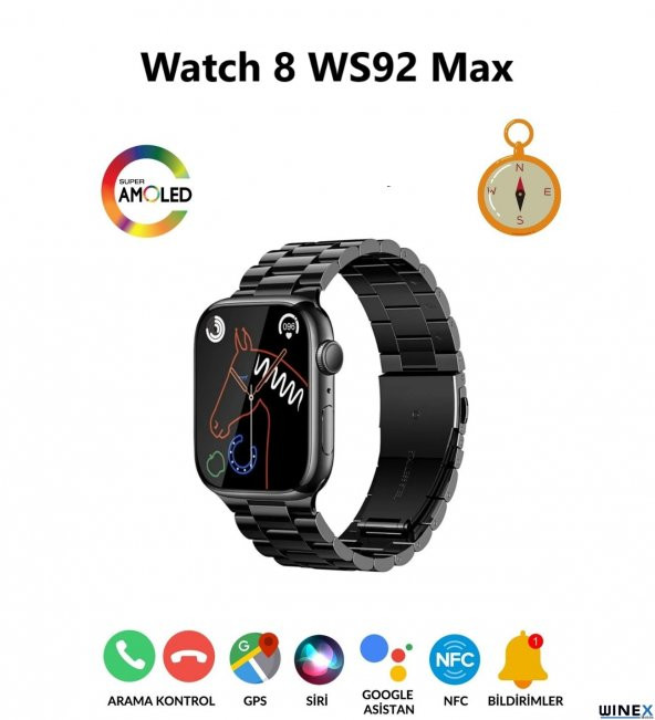 Winex Watch 8 WS92 Max Amoled Ekran Android İos HarmonyOs Uyumlu Akıllı Saat Siyah - Resim 4