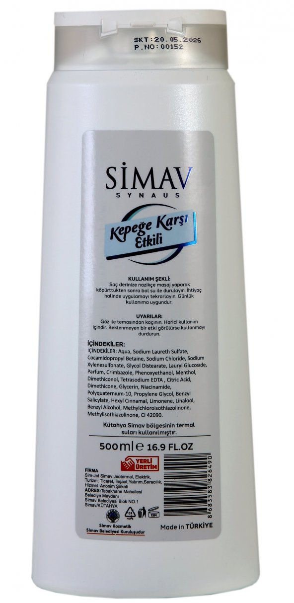 Simav Synaus Termal Sulu Kepeğe Karşı Etkili Mentollü Şampuan -500 ml - 2