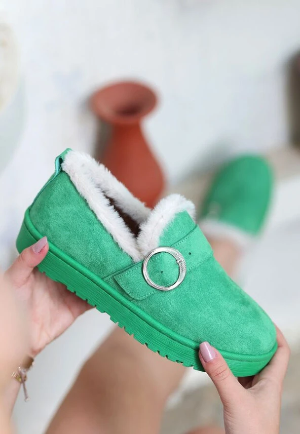 Pabucmarketi Kadın Yeşil Süet Babet Ayakkabı