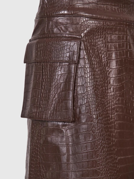 Desenli Deri Cep Kapaklı Mini Etek Kahverengi - Resim 6