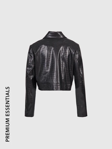 Desenli Deri Cep Detaylı Crop Ceket Siyah - 2