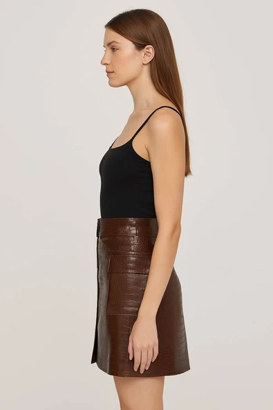 Desenli Deri Cep Kapaklı Mini Etek Kahverengi - Resim 2
