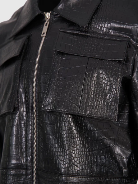 Desenli Deri Cep Detaylı Crop Ceket Siyah - 3