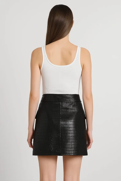 Desenli Deri Cep Kapaklı Mini Etek Siyah - 3