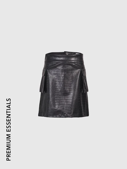 Desenli Deri Cep Kapaklı Mini Etek Siyah - 4