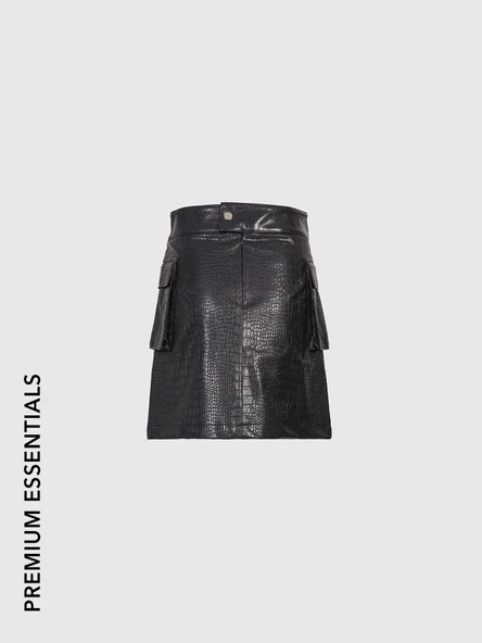 Desenli Deri Cep Kapaklı Mini Etek Siyah - 5