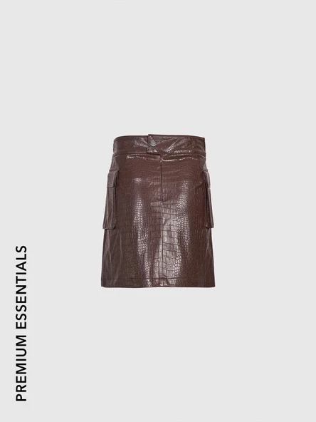 Desenli Deri Cep Kapaklı Mini Etek Kahverengi - Resim 5