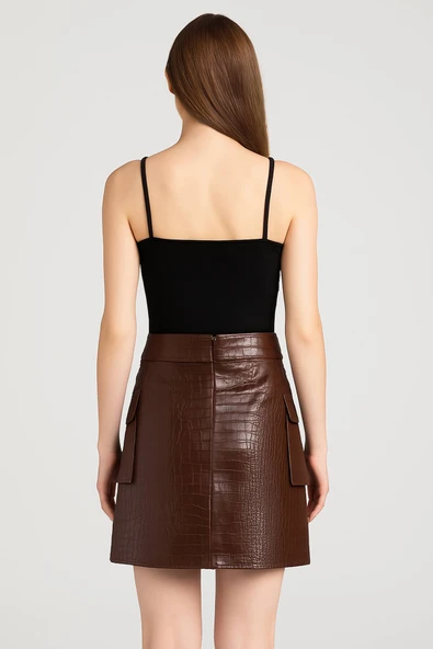 Desenli Deri Cep Kapaklı Mini Etek Kahverengi - Resim 3