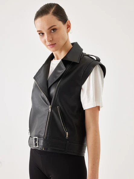 Kruvaze Apolet Detay Siyah Deri Yelek - 3