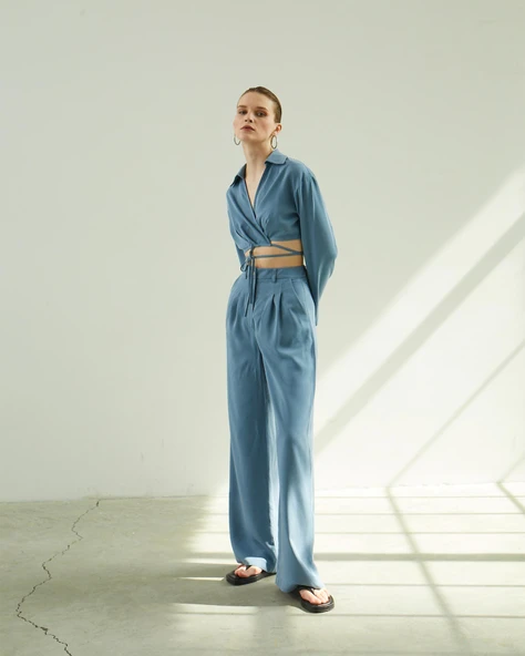 Pileli Bol Paça Mavi Pantolon - Resim 2