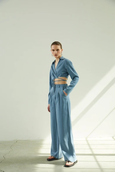 Pileli Bol Paça Mavi Pantolon ürün görseli 1