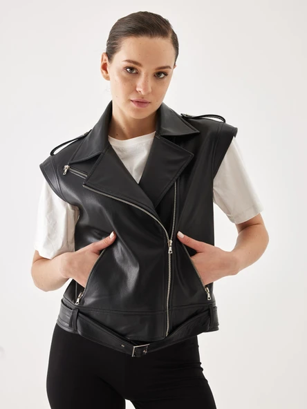 Kruvaze Apolet Detay Siyah Deri Yelek - 2