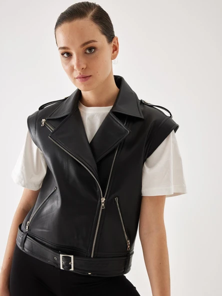 Kruvaze Apolet Detay Siyah Deri Yelek - 4