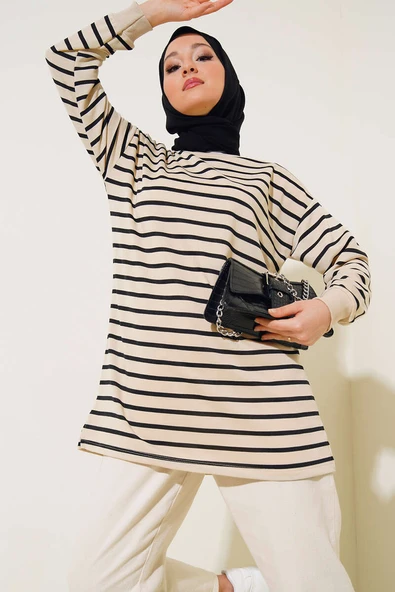 Yatay Çizgili Basic Tunik Siyah