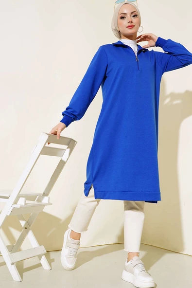 Yarım Fermuarlı Basıc Uzun Tunik Saks ürün görseli 1