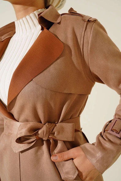 Kuşaklı Uzun Süet Trençkot Camel - 4