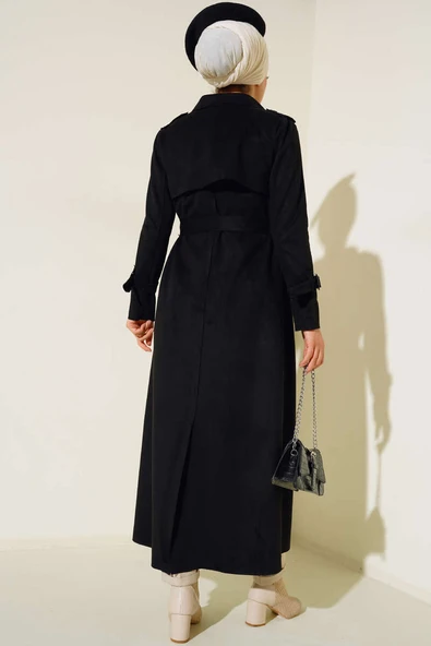 Kuşaklı Uzun Süet Trençkot Siyah - 3