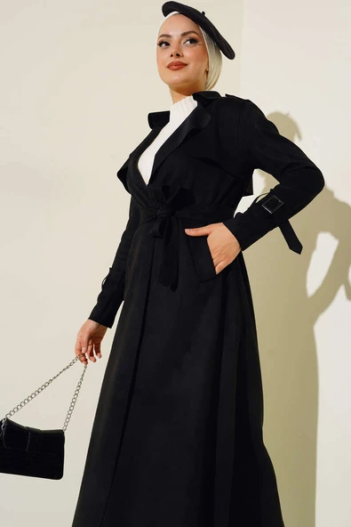 Kuşaklı Uzun Süet Trençkot Siyah ürün görseli 1