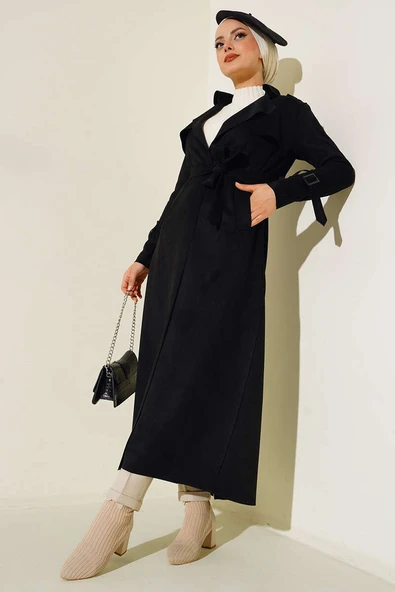 Kuşaklı Uzun Süet Trençkot Siyah - 2