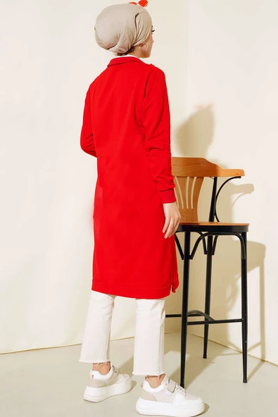 Yarım Fermuarlı Basıc Uzun Tunik Kırmızı - Resim 3