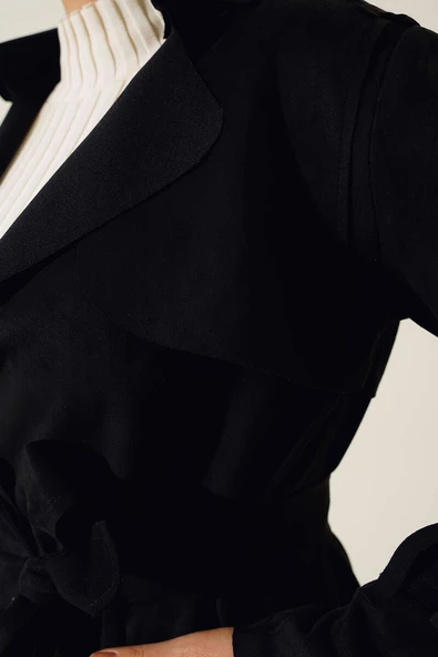 Kuşaklı Uzun Süet Trençkot Siyah - 4