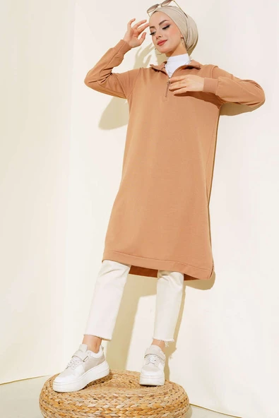 Yarım Fermuarlı Basıc Uzun Tunik Camel ürün görseli 1