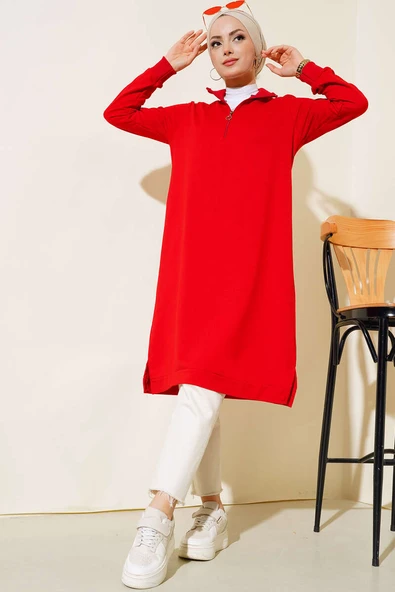 Yarım Fermuarlı Basıc Uzun Tunik Kırmızı ürün görseli 1