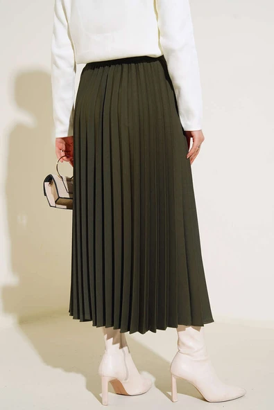 Beli Lastikli Pileli Etek Haki - Resim 3