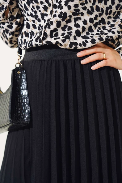 Beli Lastikli Pileli Etek Siyah - 4