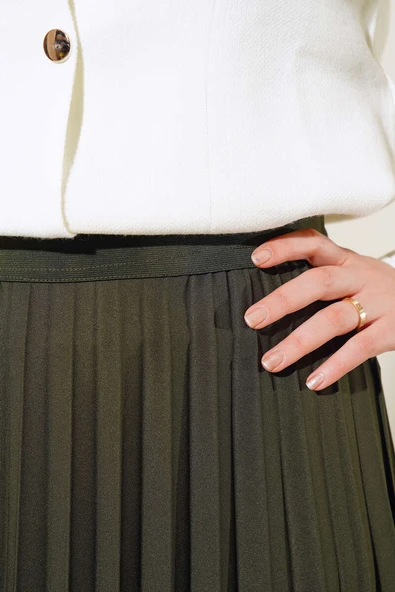 Beli Lastikli Pileli Etek Haki - Resim 4