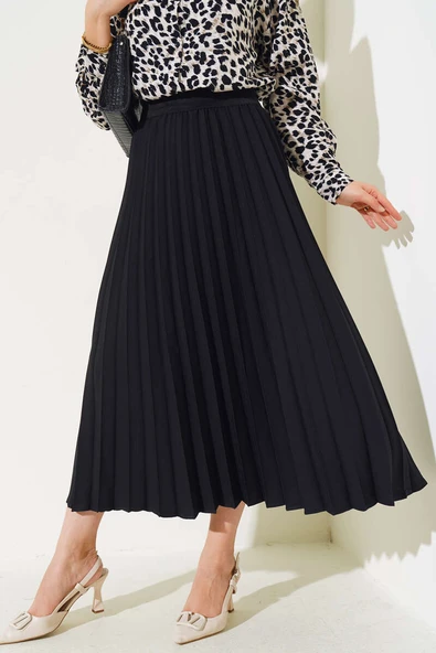 Beli Lastikli Pileli Etek Siyah - 2