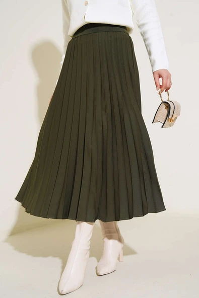 Beli Lastikli Pileli Etek Haki - Resim 2