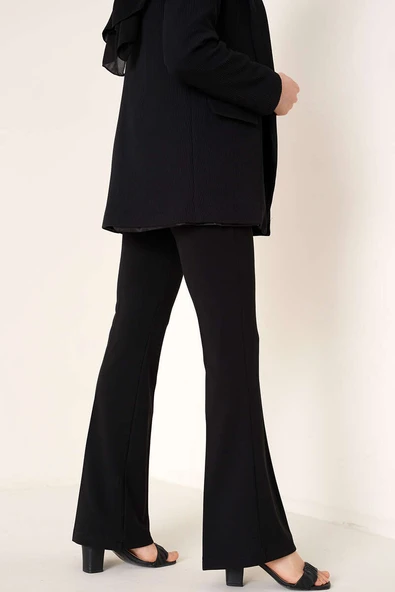 Yandan Fermuarlı İspanyol Paça Siyah Pantolon - Resim 3