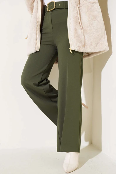 Kemerli Yüksek Bel Bol Paça Haki Pantolon ürün görseli 1