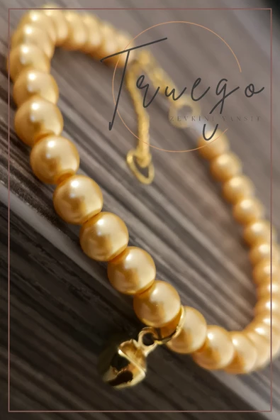 Cam İnci Kedi Kolyesi Zilli Kedi Tasması - Gold - 5