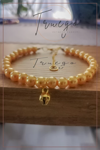 Cam İnci Kedi Kolyesi Zilli Kedi Tasması - Gold - 2