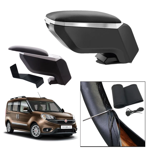 Lüks Set Fiat Doblo 2 2022 Delmesiz Çelik Ayaklı Gri-Siyah Kolçak Kol Dayama, Direksiyon Kılıfı
