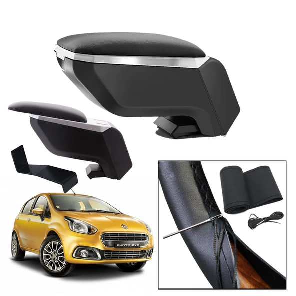 Lüks Set Fiat Punto Evo 2014 Delmesiz Çelik Ayaklı Gri-Siyah Kolçak Kol Dayama, Direksiyon Kılıfı