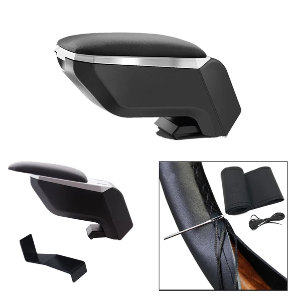Lüks Set Hyundai i10 2010 Delmesiz Çelik Ayaklı Gri-Siyah Kolçak Kol Dayama, Direksiyon Kılıfı