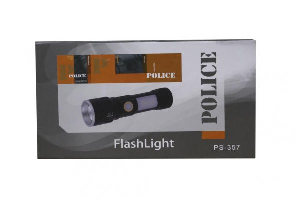 Polıce PS-357 Zoom, Yan Aydınlatma Işıklı,Magnetli ve Kırmızı-Mavi İkaz Işıklı,Şarjlı El Feneri