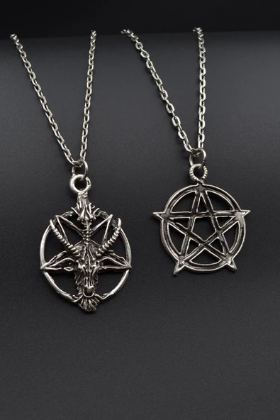 2'li Ters Pentagram Keçi Kafası - Wicca Erkek Kadın Kolye Seti - Kod:621