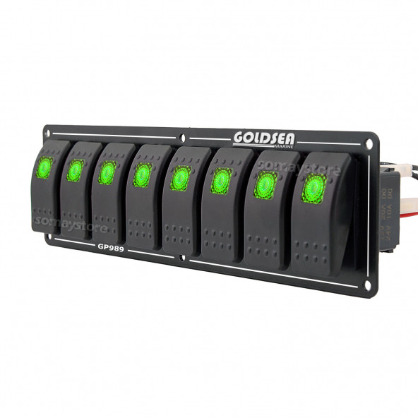 Goldsea Marine 8 Anahtarlı Slim Model Switch Panel 12-24V Kontrol Paneli Yeşil Işık
