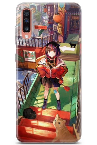 Samsung Galaxy A70 Kılıf Seri Anime 12 Kedili Tasarım Kılıf Turuncu