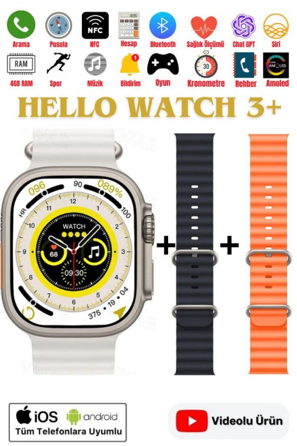Hello Watch 3 Plus Ultra Akıllı Saat Amoled Ekran 3 Kordon 49mm 4gb Pusula Akıllı Saat Watch 8 9
