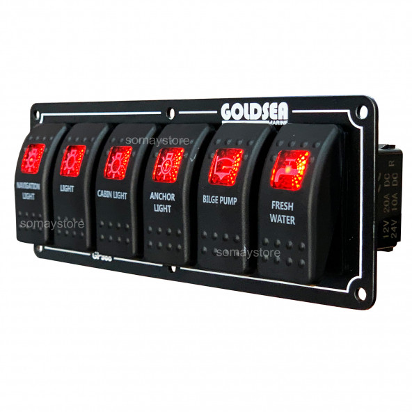 Goldsea Marine 6 Anahtarlı Slim Model Switch Panel Sembollü Kırmızı Işık 12-24V