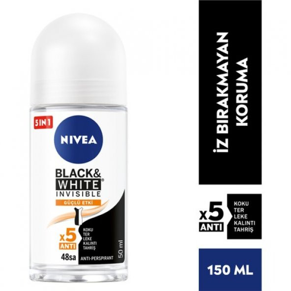 NIVEA Kadın Roll On Deodorant Black&White Invisible Güçlü Etki 50ml,Ter ve Ter Kokusuna Karşı 48 Saat Anti-perspirant Koruma